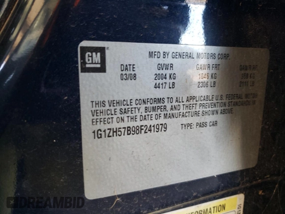 2008 Chevrolet Malibu 1LT with VIN 1G1ZH57B98F241979, listed as a Copart auction lot 51655665 with Not Provided miles and Salvage Title. Bid and sale history available at DreamBid. Image 12.