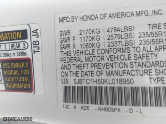 2019 Acura RDX w/Technology Pkg with VIN 5J8TC1H50KL018950, listed as a IAAI auction lot 40473176 with 111,148 mi miles. Bid and sale history available at carsss.com. Image 9.