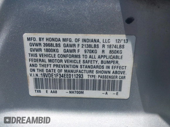 2014 Acura ILX with VIN 19VDE1F34EE011293, listed as a IAAI auction lot 42577424 with 125,050 mi miles and . Bid and sale history available at DreamBid. Image 9.