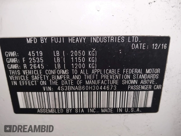 2017 Subaru Legacy with VIN 4S3BNAB60H3044673, listed as a IAAI auction lot 41856388 with 112,880 mi miles. Bid and sale history available at carsss.com. Image 9.