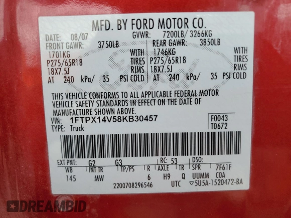 2008 Ford F-150 XLT z VIN 1FTPX14V58KB30457, wystawiony jako Copart lot #62470355 z przebiegiem 149 167 mil mil oraz Czysty tytuł • Clean title. Historia ofert i sprzedaży dostępna na DreamBid. Obrazek 12.