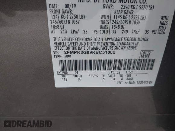 2019 Ford Edge SE with VIN 2FMPK3G99KBC51062, listed as a IAAI auction lot 42527855 with 97,658 mi miles and . Bid and sale history available at DreamBid. Image 9.