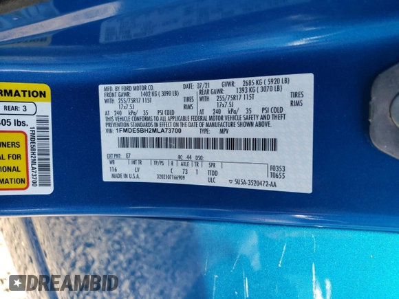 2021 Ford Bronco z VIN 1FMDE5BH2MLA73700, wystawiony jako Copart lot #63024595 z przebiegiem 63 174 mil mil oraz Szkoda całkowita • Salvage title. Historia ofert i sprzedaży dostępna na DreamBid. Obrazek 13.