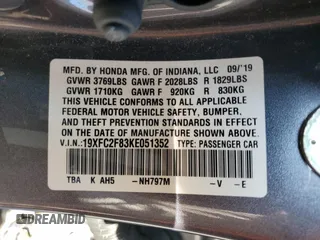 2019 Honda Civic Sport with VIN 19XFC2F83KE051352, listed as a Copart auction lot 59097335 with 97,732 mi miles and Salvage title. Bid and sale history available at DreamBid. Image 12.