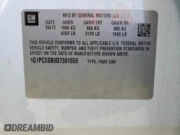 2013 Chevrolet Cruze 1LT with VIN 1G1PC5SB9D7301650, listed as a Copart auction lot 48555875 with 83,054 mi miles and Salvage Title. Bid and sale history available at DreamBid. Image 15.