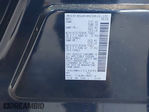 2020 Infiniti QX60 Pure with VIN 5N1DL0MM5LC513491, listed as a IAAI auction lot 41538271 with Not provided miles and . Bid and sale history available at DreamBid. Image 9.