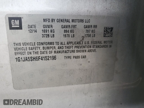 2015 Chevrolet Sonic LS with VIN 1G1JA5SH6F4152196, listed as a Copart auction lot 59096455 with 128,113 mi miles and Salvage title. Bid and sale history available at DreamBid. Image 12.