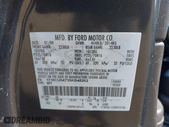 2009 Ford Escape Limited with VIN 1FMCU04739KB48262, listed as a IAAI auction lot 42564760 with 175,058 mi miles and . Bid and sale history available at DreamBid. Image 9.
