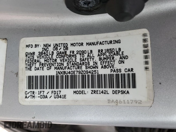 2009 Toyota Corolla with VIN 1NXBU40E79Z094251, listed as a Copart auction lot 53508045 with 0 mi miles and Salvage Title. Bid and sale history available at carsss.com. Image 12.