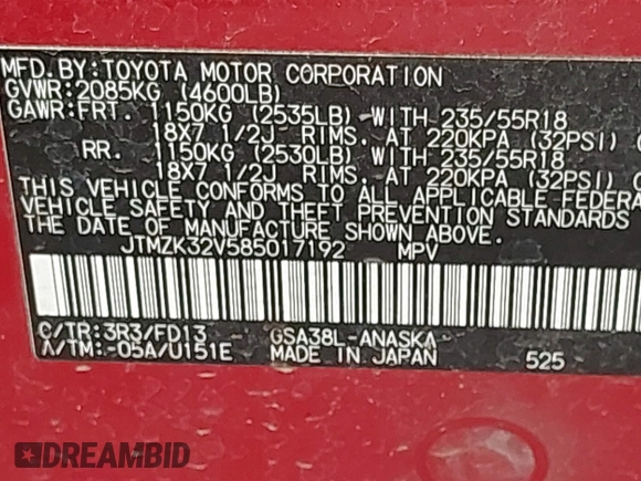 2008 Toyota RAV4 Sport with VIN JTMZK32V585017192, listed as a IAAI auction lot 42673654 with 158,494 mi miles and . Bid and sale history available at DreamBid. Image 9.