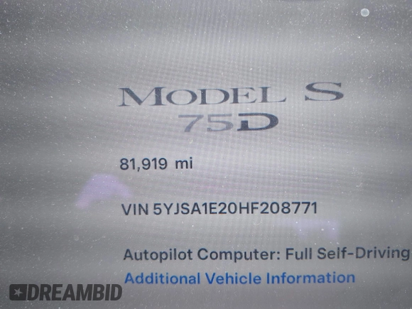 2017 Tesla Model S 100D z VIN 5YJSA1E20HF208771, wystawiony jako IAAI lot #42111317 z przebiegiem 81 919 mil mil oraz . Historia ofert i sprzedaży dostępna na DreamBid. Obrazek 7.
