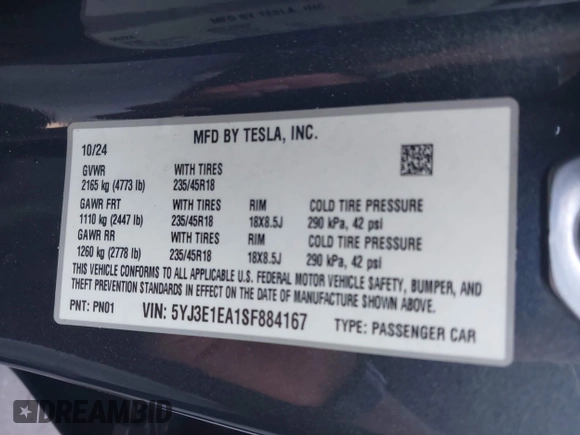 2025 Tesla Model 3 Long Range with VIN 5YJ3E1EA1SF884167, listed as a IAAI auction lot 41976320 with 3,146 mi miles and . Bid and sale history available at DreamBid. Image 9.