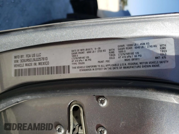 2020 Ram 2500 Tradesman with VIN 3C6UR5CL9LG257613, listed as a Copart auction lot 86607464 with 79,944 mi miles and Salvage Title. Bid and sale history available at carsss.com. Image 12.