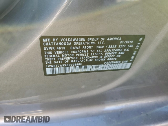 2016 Volkswagen Passat SE z VIN 1VWBT7A3XGC026550, wystawiony jako Copart lot #53046825 z przebiegiem 167 155 mil mil oraz Szkoda całkowita • Salvage title. Historia ofert i sprzedaży dostępna na DreamBid. Obrazek 14.