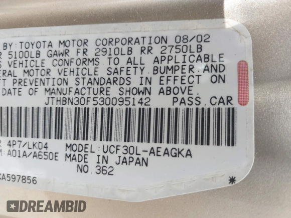 2003 Lexus LS 430 with VIN JTHBN30F530095142, listed as a IAAI auction lot 41892436 with 228,441 mi miles. Bid and sale history available at carsss.com. Image 9.