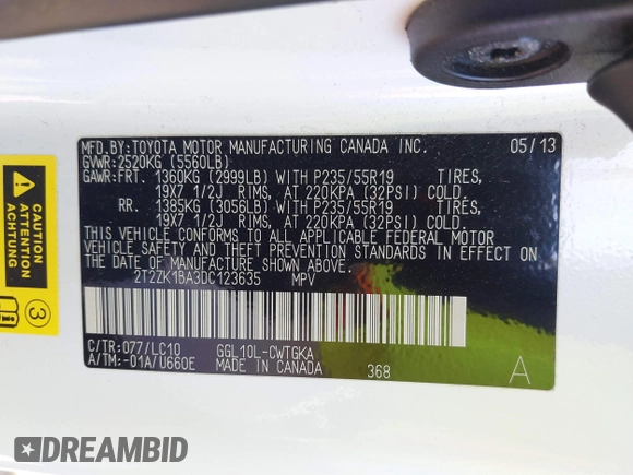 2013 Lexus RX 350 with VIN 2T2ZK1BA3DC123635, listed as a IAAI auction lot 42277146 with 148,734 mi miles and . Bid and sale history available at DreamBid. Image 9.