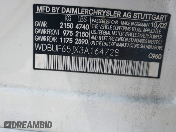 2003 Mercedes-Benz E 320 with VIN WDBUF65JX3A164728, listed as a IAAI auction lot 42099241 with 132,505 mi miles and . Bid and sale history available at DreamBid. Image 9.