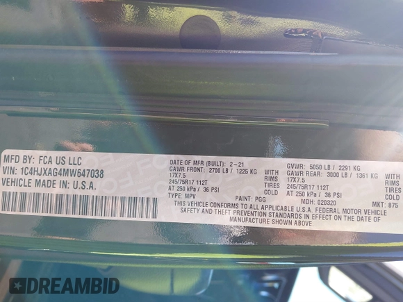 2021 Jeep Wrangler 80th Anniversary with VIN 1C4HJXAG4MW647038, listed as a IAAI auction lot 41580575 with 19,051 mi miles and . Bid and sale history available at DreamBid. Image 9.