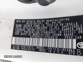 2018 Toyota Corolla L z VIN 5YFBURHE7JP840916, wystawiony jako IAAI lot #41603264 z przebiegiem 218 028 mil mil oraz . Historia ofert i sprzedaży dostępna na DreamBid. Obrazek 9.