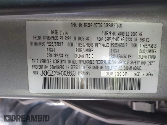 2015 Mazda CX-5 Touring with VIN JM3KE2CYXF0435583, listed as a IAAI auction lot 41737810 with 107,270 mi miles and . Bid and sale history available at DreamBid. Image 9.