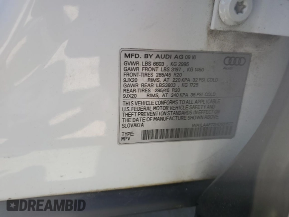 2017 Audi Q7 Premium Plus with VIN WA1LAAF72HD031527, listed as a Copart auction lot 58377985 with 105,541 mi miles and Salvage title. Bid and sale history available at DreamBid. Image 13.