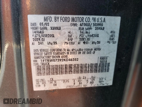 2002 Ford F-150 Harley Davidson with VIN 1FTRW07392KD46352, listed as a Copart auction lot 73463924 with 135,813 mi miles and Salvage Title. Bid and sale history available at carsss.com. Image 14.