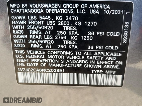 2022 Volkswagen Atlas SE с VIN 1V2JC2CA6NC202891, выставлен на аукционе Copart как лот 65424014 с пробегом 28 589 миль миль и Списание • Salvage title. История ставок и продаж доступна на DreamBid. Изображение 13.