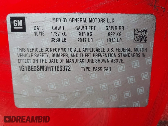 2017 Chevrolet Cruze LT with VIN 1G1BE5SM3H7166872, listed as a IAAI auction lot 41932546 with 251,717 mi miles and . Bid and sale history available at DreamBid. Image 9.