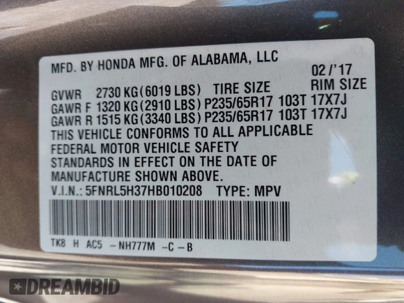 2017 Honda Odyssey SE with VIN 5FNRL5H37HB010208, listed as a IAAI auction lot 41828809 with 67,399 mi miles and . Bid and sale history available at carsss.com. Image 9.