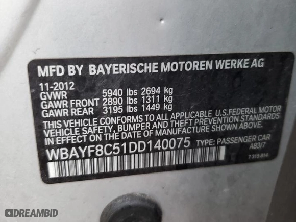 2013 BMW 7 Series 750Li xDrive with VIN WBAYF8C51DD140075, listed as a Copart auction lot 51932185 with 126,307 mi miles and Clean Title. Bid and sale history available at carsss.com. Image 12.