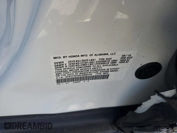 2020 Honda Pilot EX-L with VIN 5FNYF5H55LB006249, listed as a Copart auction lot 48707575 with 36,151 mi miles and Salvage Title. Bid and sale history available at carsss.com. Image 15.