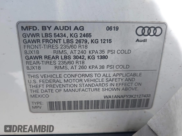 2019 Audi Q5 Premium with VIN WA1ANAFY3K2127433, listed as a IAAI auction lot 41786698 with 49,881 mi miles. Bid and sale history available at carsss.com. Image 9.
