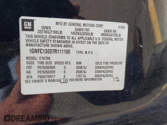2007 Chevrolet Tahoe LTZ with VIN 1GNFC13007R111180, listed as a IAAI auction lot 42381749 with 126,472 mi miles and . Bid and sale history available at DreamBid. Image 9.