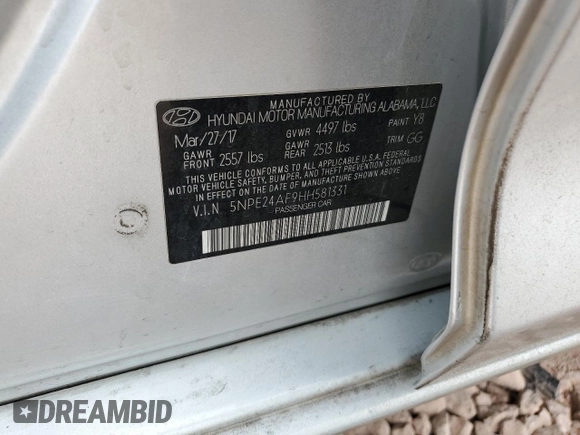 2017 Hyundai Sonata 2.4L with VIN 5NPE24AF9HH581331, listed as a Copart auction lot 45404485 with 126,643 mi miles and Salvage Title. Bid and sale history available at carsss.com. Image 12.