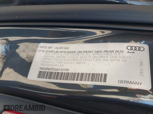 2018 Audi A5 Sportback Premium Plus with VIN WAUENCF53JA132769, listed as a IAAI auction lot 42037673 with 128,040 mi miles. Bid and sale history available at carsss.com. Image 9.