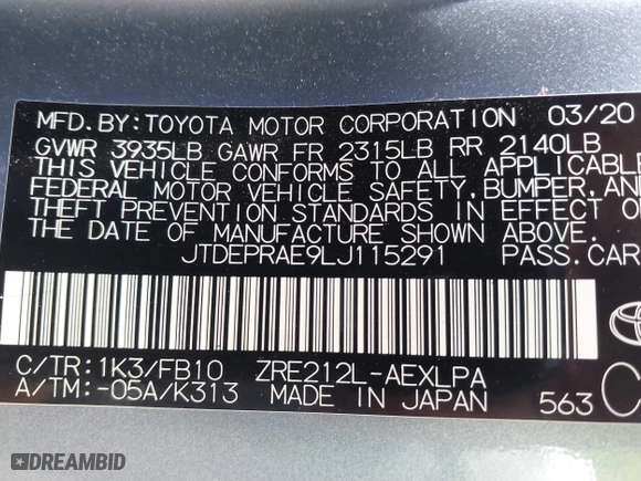 2020 Toyota Corolla LE with VIN JTDEPRAE9LJ115291, listed as a IAAI auction lot 41891753 with 38,665 mi miles. Bid and sale history available at carsss.com. Image 9.