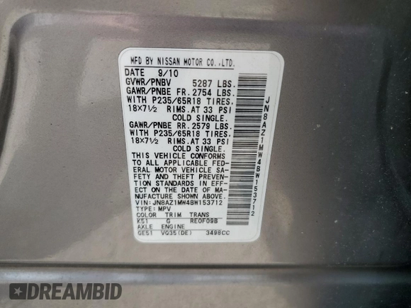 2011 Nissan Murano S z VIN JN8AZ1MW4BW153712, wystawiony jako Copart lot #59485345 z przebiegiem Nie podano mil oraz Szkoda całkowita • Salvage title. Historia ofert i sprzedaży dostępna na DreamBid. Obrazek 14.