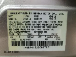 2005 Nissan Maxima 3.5 SL with VIN 1N4BA41E25C827971, listed as a Copart auction lot 72753514 with 265,603 mi miles and Salvage Title. Bid and sale history available at carsss.com. Image 12.