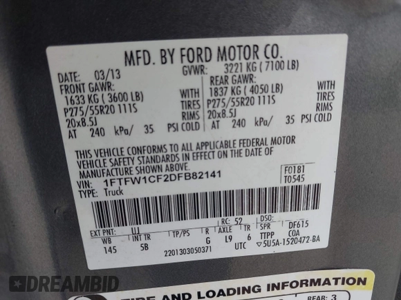 2013 Ford F-150 XL with VIN 1FTFW1CF2DFB82141, listed as a IAAI auction lot 41552919 with 226,921 mi miles. Bid and sale history available at carsss.com. Image 9.