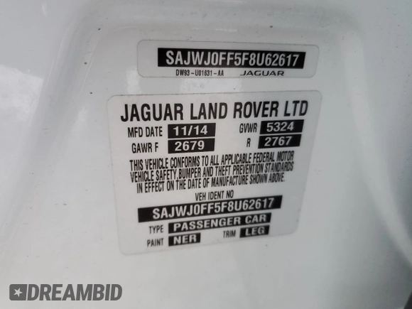 2015 Jaguar XF V6 Portfolio with VIN SAJWJ0FF5F8U62617, listed as a Copart auction lot 42357575 with 59,924 mi miles and Salvage Title. Bid and sale history available at carsss.com. Image 12.
