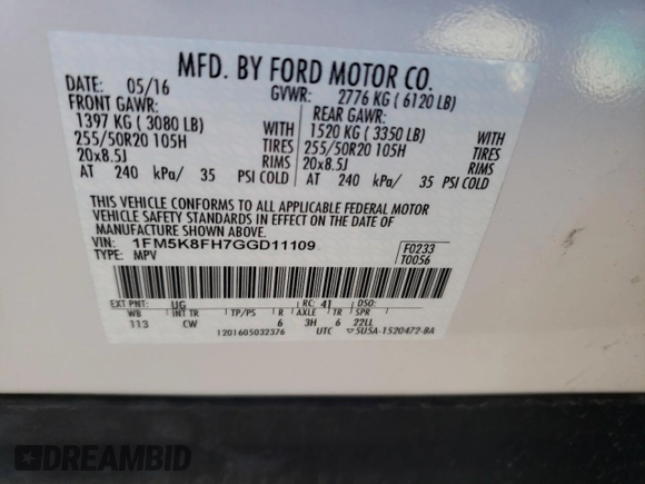 2016 Ford Explorer Limited z VIN 1FM5K8FH7GGD11109, wystawiony jako Copart lot #46257504 z przebiegiem 32 893 mil mil oraz Szkoda całkowita • Salvage title. Historia ofert i sprzedaży dostępna na DreamBid. Obrazek 13.