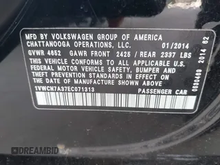 2014 Volkswagen Passat SEL Premium with VIN 1VWCN7A37EC071313, listed as a IAAI auction lot 42796404 with 78,444 mi miles and . Bid and sale history available at DreamBid. Image 9.