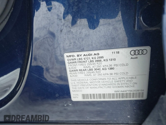 2019 Audi SQ5 Premium with VIN WA1A4AFY5K2026154, listed as a IAAI auction lot 41318583 with 86,682 mi miles. Bid and sale history available at carsss.com. Image 9.