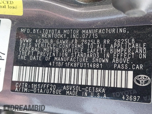 2015 Toyota Camry XLE z VIN 4T1BF1FK8FU114881, wystawiony jako IAAI lot #42231368 z przebiegiem Nie podano mil oraz . Historia ofert i sprzedaży dostępna na DreamBid. Obrazek 9.