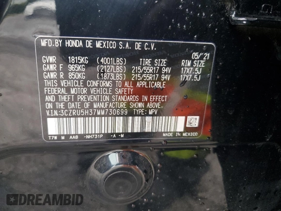 2021 Honda HR-V LX with VIN 3CZRU5H37MM730699, listed as a Copart auction lot 56505875 with 40,962 mi miles and Salvage title. Bid and sale history available at DreamBid. Image 13.