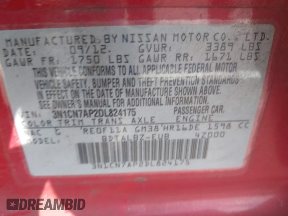 2013 Nissan Versa S Plus with VIN 3N1CN7AP2DL824175, listed as a IAAI auction lot 42834344 with 211,081 mi miles and . Bid and sale history available at DreamBid. Image 9.