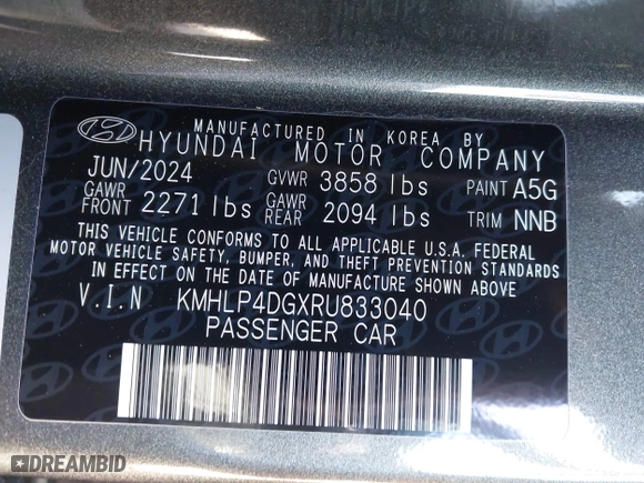 2024 Hyundai Elantra Limited with VIN KMHLP4DGXRU833040, listed as a IAAI auction lot 41366262 with 3,963 mi miles. Bid and sale history available at carsss.com. Image 9.