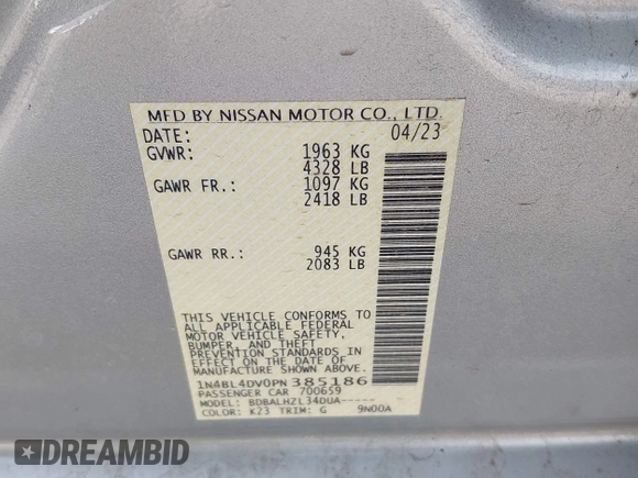 2023 Nissan Altima SV z VIN 1N4BL4DV0PN385186, wystawiony jako IAAI lot #42421832 z przebiegiem 44 341 mil mil oraz . Historia ofert i sprzedaży dostępna na DreamBid. Obrazek 9.