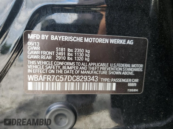 2013 BMW 5 Series 535i with VIN WBAFR7C57DC829343, listed as a Copart auction lot 61143005 with 127,779 mi miles and Salvage title. Bid and sale history available at DreamBid. Image 12.