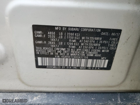2017 Subaru Outback Touring with VIN 4S4BSETC6H3437156, listed as a Copart auction lot 44235985 with 106,858 mi miles and Non Repairable. Bid and sale history available at carsss.com. Image 13.
